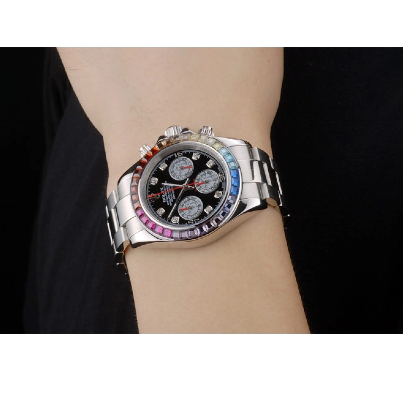 AAA replica watch Daytona Steep Dial Rolex Strap Rainbow Cosmograph 80250 Bezel Crystals Black Stainless 0604